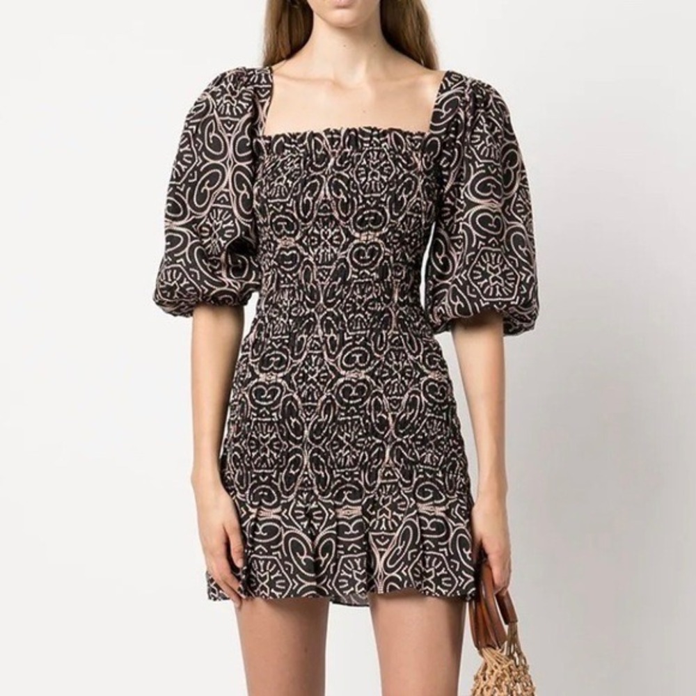 Alexis Mini Dress Womens XS Black Geometric Smocked Puff Sleeve‎ Linen Ruffle